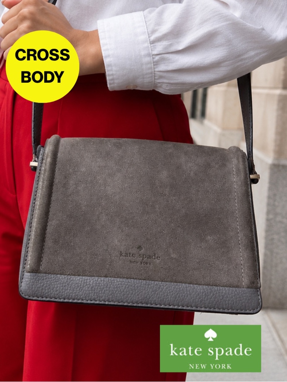 KATE SPADE ♠️ Gray Suede & Leather Crossbody Bag - 6 x 8” inches - Picture 1 of 17